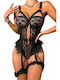 Sexy Lace Bodysuit Lingerie – Garter Belt Push-up Underwire Bra Brazilian Panties Black