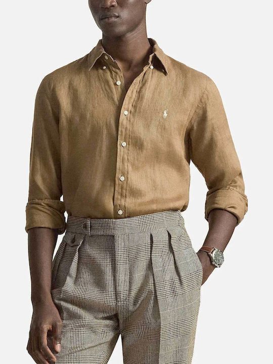 Ralph Lauren Дълъг Ръкав Ленена Риза Кафява