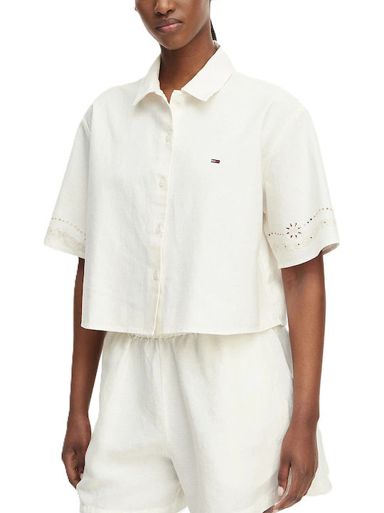 Short Sleeve Women's Linen Shirt White DW0DW22214 YBH