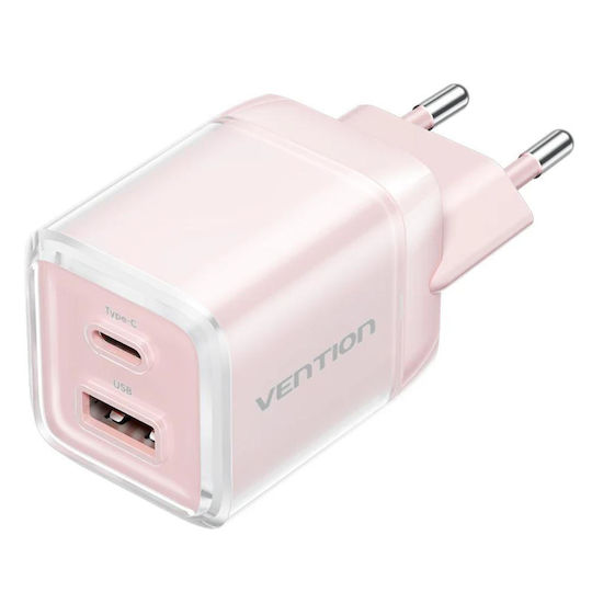 Vention Φορτιστής Χωρίς Καλώδιο GaN με Θύρα USB-A και Θύρα USB-C 70W Ροζ (FCGP0-EU)
