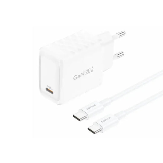 Foneng Φορτιστής GaN με Θύρα USB-C και Καλώδιο USB-C - USB-C 20W Power Delivery Λευκός (EU55)