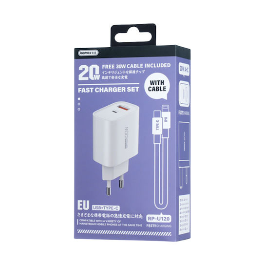 Remax Mobile Phone Charger with USB-A and USB-C Output Ports and USB-C - Lightning Cable 20W White