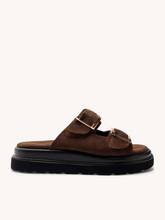 Sandale Casual Damă Maro De Piele Flatforme Slides Cu Două Curele