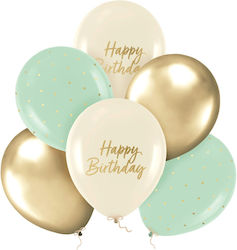 Σετ Μπαλόνια Latex Χρυσά Μπεζ "happy Birthday"/φυστικί Χρυσό Πουά 6τμχ
