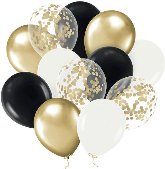 Set Latex Balloons Black White Gold Transparent Confetti 12 Pieces