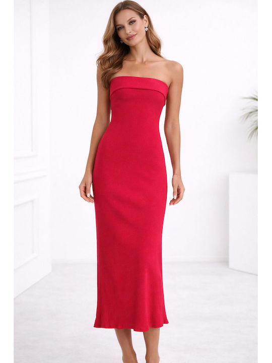 Summer Midi Evening Strapless Satin Red Dress