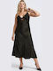 Summer Midi Evening Satin Dress with Lace Black