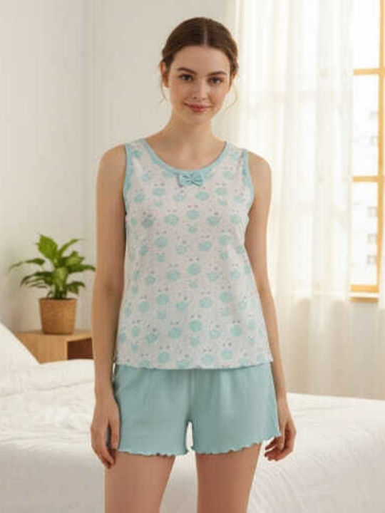 Prive Underwear Sommerliches Damen-Schlafanzug-Set Baumwolle Türkis