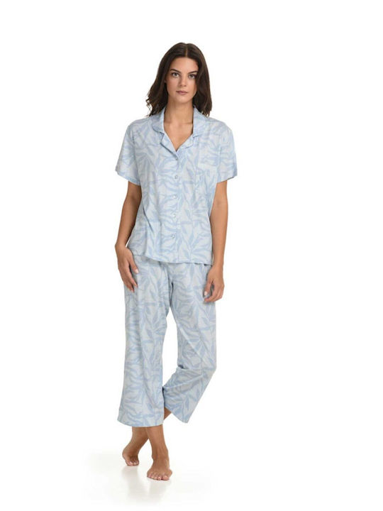 Primavera Sommerliches Damen-Pyjama-Set Baumwollene Hellblau