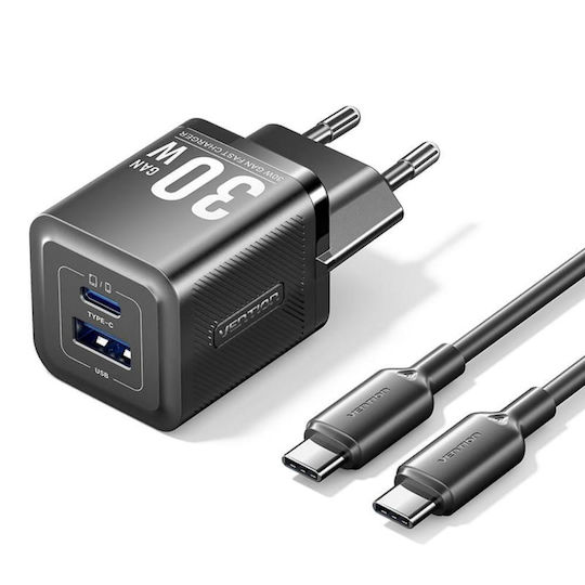 Vention Vention GaN Charger with USB-A and USB-C Ports and USB-C - USB-C Cable 70W Gray