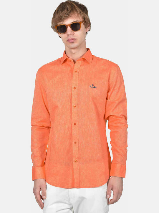 Short Sleeve Linen Shirt in Regular Fit Orange