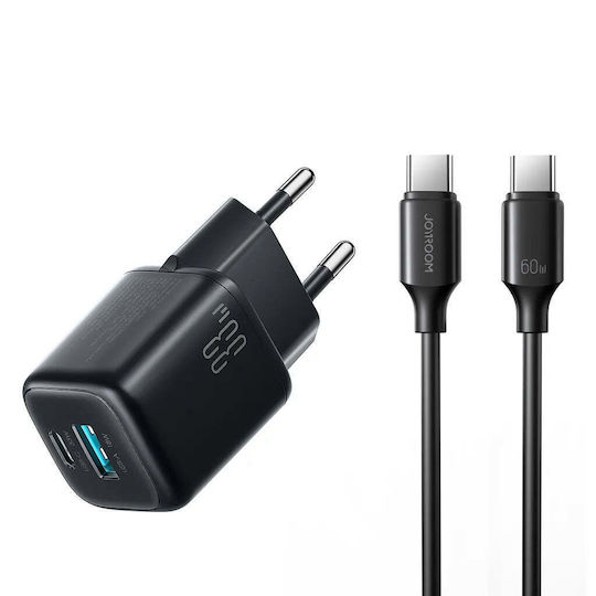 Joyroom Φορτιστής με Θύρα USB-A και Θύρα USB-C και Καλώδιο USB-C - USB-C 33W Power Delivery / Quick Charge 3.0 Μαύρος (JR-TG7)