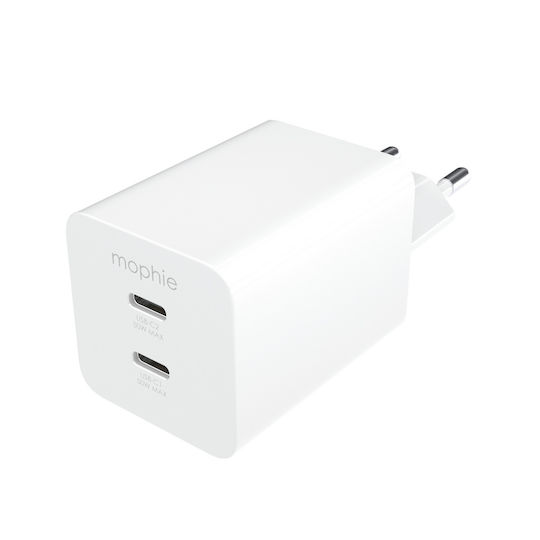 Mophie Φορτιστής Χωρίς Καλώδιο με 2 Θύρες USB-C 50W Power Delivery Λευκός (409911854)