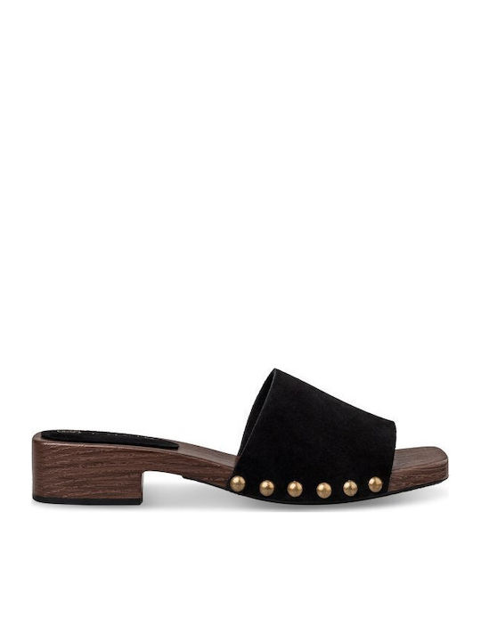 Suede Mules με Χοντρό Χαμηλό Τακούνι σε Μαύρο Χρώμα