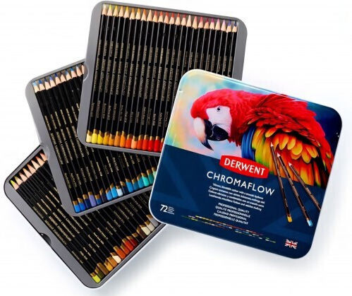 Set 72 Creioane Colorate Profesionale Derwent Chromaflow 2306014 Cutie Metalică Mină 3.5 Mm Culori Intense Textură Fină Pentru Desen și Layering