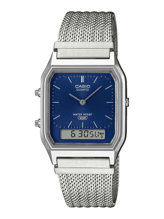 Casio Digital Herrenuhr 30mm Batterie mit Silber Metall-Armband