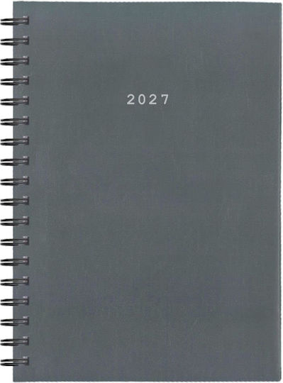 Next Agendă Zilnică Basic 2027 Gri Din Piele Spirală 14x21cm