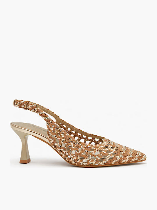 Pointed Toe Heels with Strap & Thin Mid Heel Gold