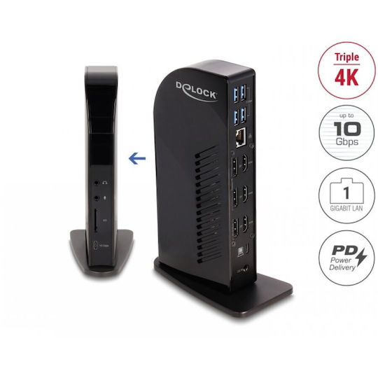 DeLock Stație De Andocare USB-C Cu HDMI/DisplayPort 4K PD Ethernet 3x HDMI/3x DisplayPort 4K/Hub USB/LAN/SD/Audio/PD 96W Neagră (88051)