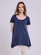 Celestino Women's Blouse Asymmetric Hem Loose Fit Dark Blue
