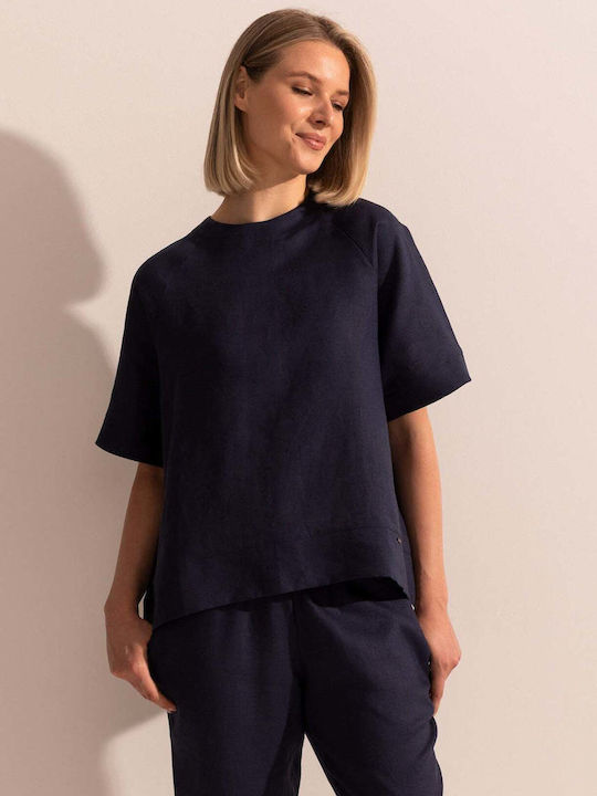 Sofiaman Bluza Damă De Vară Din In Albastru Marin