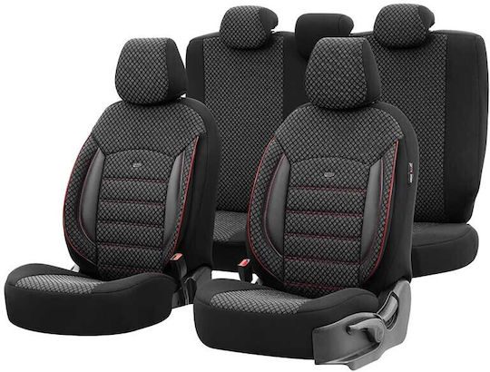 Deluxeboss 292364 Autositzbezüge Set Audi A1 A2 A3 A4 A5 A6 A7 A8 Q2 Q3 Q5 Q7 Q8 Tt E-tron R8 Baumwolle Stoff Kunstleder Set Vorne Hinten 11 Stück Schwarz Rot Stickerei
