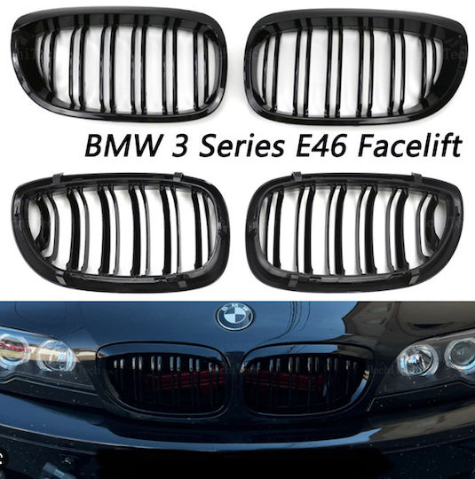 Prasco Καρδιές Μάσκας Bmw 3 E46 03-06 Coupe Cabrio M4 Look Διπλή Γρίλια Μαύρο Γυαλιστερό 2 Τεμάχια