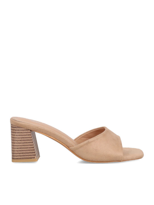 Migato Suede Mules με Χοντρό Τακούνι σε Μπεζ Χρώμα