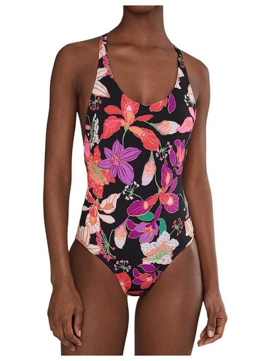 Floral Scoop Neck Αθλητικό Ολόσωμο Μαγιό Floral Μαύρο