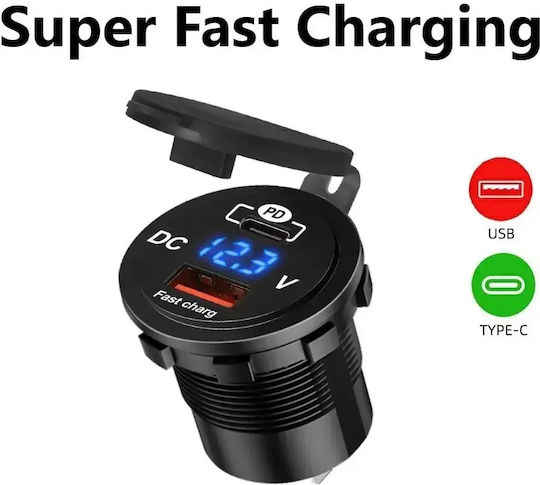 Wasserbeständiger Motorrad-Handy-Ladegerät mit Schnellladen mit USB- und USB-C-Anschlüssen mit Voltometer