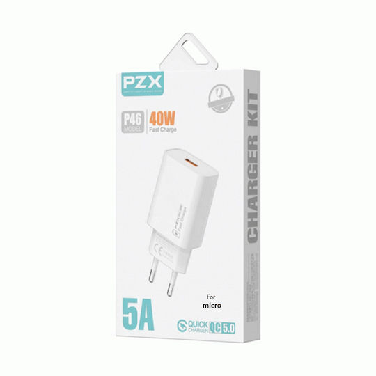 PZX Φορτιστής με Θύρα USB-A και Καλώδιο micro USB 40W Quick Charge 5.0 Λευκός (P46)