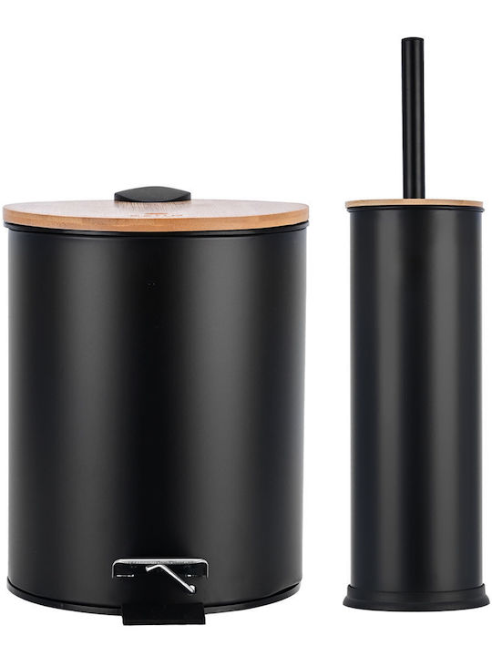 Estia Bamboo Bathroom Brush and Trash Can Set 7lt Black