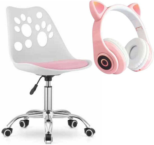 Mercaton Office Chair 5 Rubber Wheels Eco Leather Cushion Pp Seat Aluminum Frame 50 X 60 X 89 Cm White Pink Wireless Led Headphones Card Slot Cat Ear Model Pink
