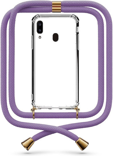 Transparente Handyhülle mit Lilac Galaxy A20e Kordel