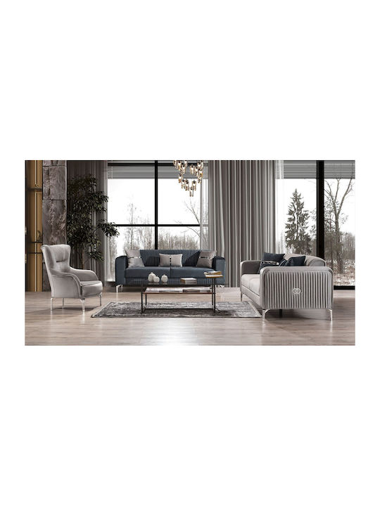SteweHome Wohnzimmermöbel-Set Prenses 3+3+1 Weiße Beine Anthrazit Creme 225x90x77 cm