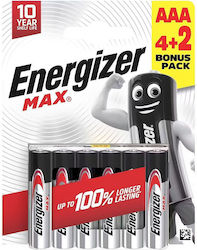 Energizer Max Алкални Батерии AAA LR03 1.5V 6 Броя В Опаковка