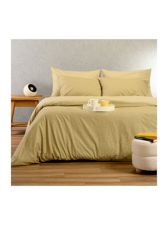 24home.gr Double Bed Sheets Set With Rubber Hugger 160x200+32cm Olive-Beige 4 Pieces