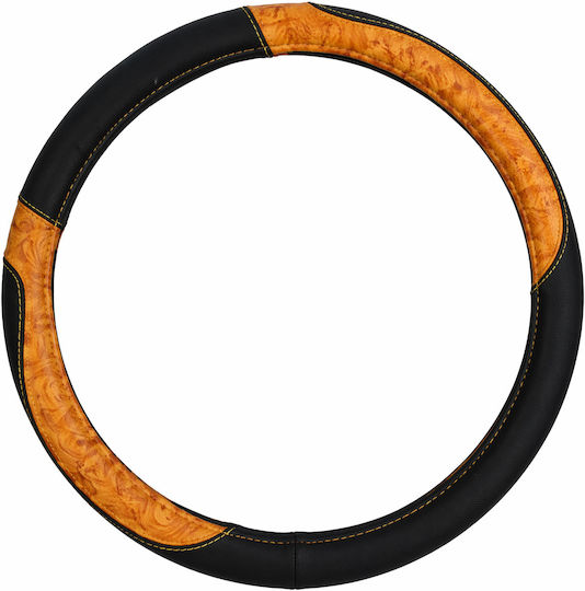 Car Steering Wheel Cover Black-Orange 37-39cm PVC & Rubber Anti-Slip Universal Wood Design