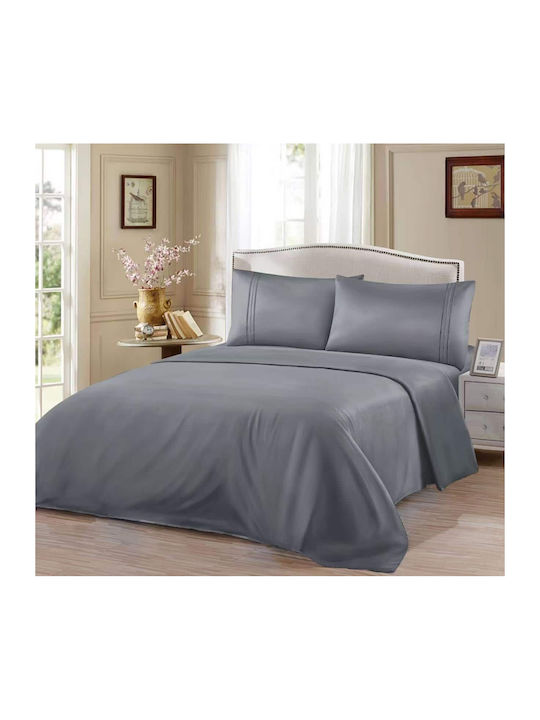 Lucktora Set Bed Sheet with 2 Pillowcases King Size with Rubber Hugger 220x240cm Dark Gray 4 Pieces