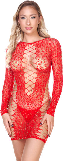Φόρεμα Διχτυωτό Εφαρμοστό Στρας Cut-outs Κόκκινο