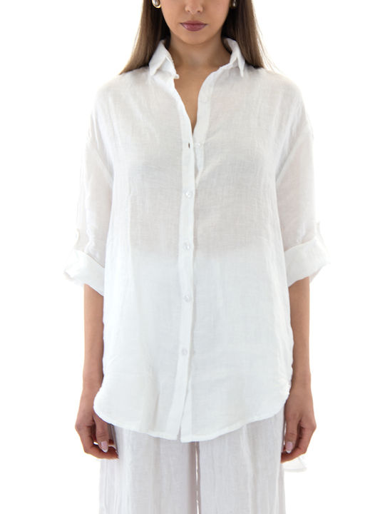 Black n Black Short Sleeve Women's Linen Shirt White Black n Black Short Sleeve Women's Linen Shirt White