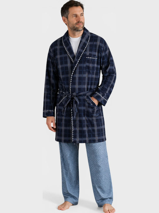 Men's Blue Checked Robe Collection Fleece Cl103-2-Blue