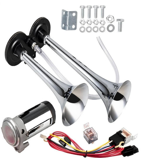 Claxon Electric Cu 2 Cornuri Compresor Zola 12v 150 Db Universal Crom Accesorii Montare Metalice