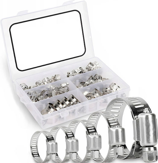 Set 34 Cleme Metalice Pentru Furtunuri Zola 6 Mărimi 16-32 Mm Cutie De Depozitare Argintii