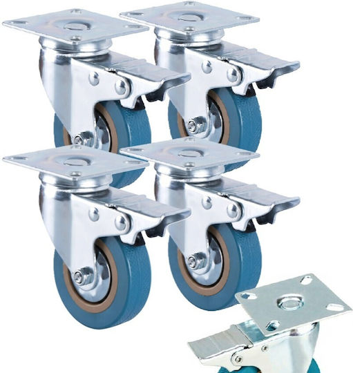 Set 4 Roți Rotative Cu Frână Placă 75 X 20 Mm Zola Cărucioare Mobilier 360° Rotație Silențioasă Cauciuc Tehnic Oțel Galvanizat Albastru