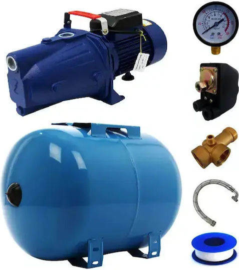 Kit Hidrofor 50 L Jet100l Pompă de Apă 1500 W 55 L Min 45 M Refulare 9 M Aspirație Include Manometru Racord Flexibil 60 Cm Racord 5 Căi Fiting Presostat Cobi Smart