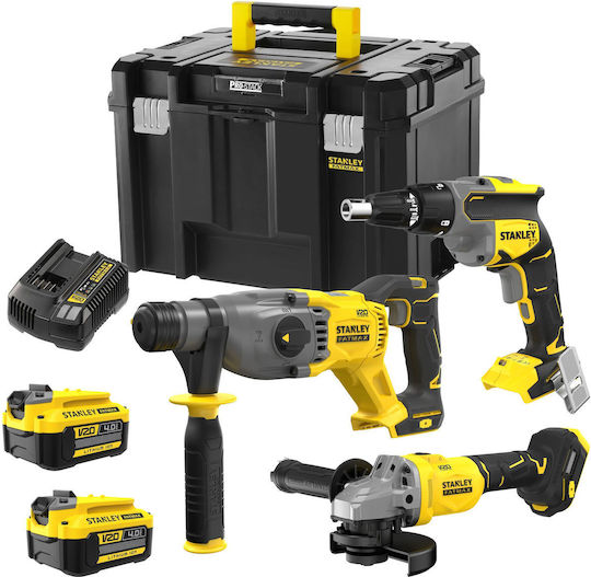 Stanley SFMCK367M2T-QW Battery Tool Set Angle Grinder Drywall Screwdriver and Hammer Brushless with 2 Batteries 4Ah and Case