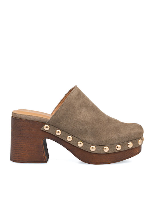 Suede Mules with Heel in Brown Colour