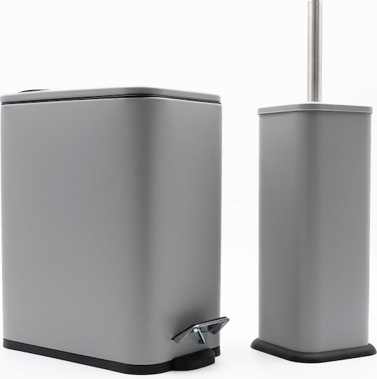 TnS Hotel Slim Metallic Bathroom Brush and Trash Can Set Soft Close 5l Gray