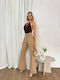 Women's High Rise Fabric Trousers Flared Slim Fit Beige